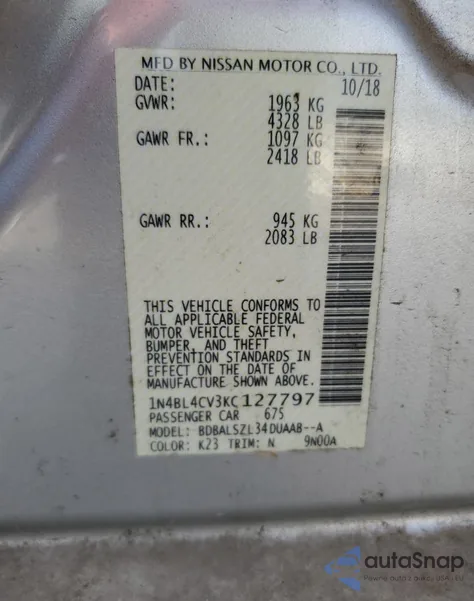 2019 Nissan Altima Sr из США, поврежденный, VIN 1N4BL4CV3KC127797